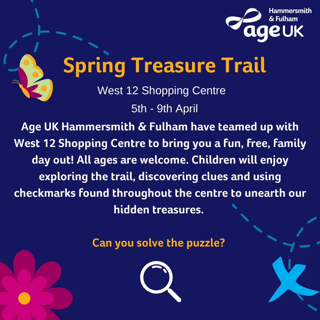 AgeUKHF's tweet photo. We are working with our community partners to get older people in #Hammersmith &amp; #Fulham active, healthy, and enjoying later life 🙌🏼

Join us for a special Spring Treasure Trail! 👨‍👩‍👧‍👦🌞

Find all the clues to unearth hidden gems at @West12Shopping Centre next week 🔍👀 https://t.co/e677xnaQtS