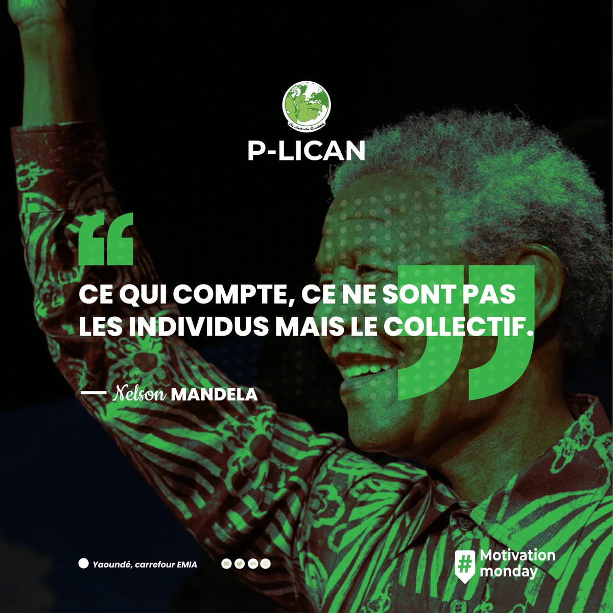 PLICAN9's tweet photo. [EXCELLENTE SEMAINE]
Et si cette pensée de #Nelson_Mandela était notre carburant de la semaine.
"Ce qui compte, ce ne sont pas les individus mais le collectif." 
#P_Lican #Semaine #Equipe #Travail https://t.co/MmqoV0b2E0