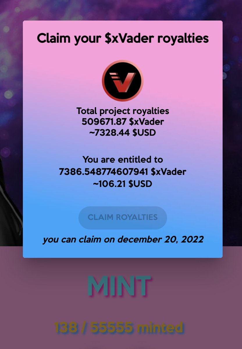 invaders_army's tweet image. Gm

96,559 staked $VADER were purchased and sent to the Treasury: etherscan.io/tx/0x2e87d2ff1…

Each mint entitles you to 7,386 xVADER ($106).

Thanks to all the #inVADERs, the army will help the Protocol win and bring the price back to ATH.

#NFT