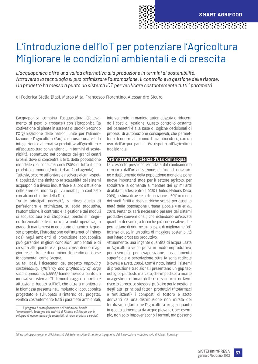 Nel numero di gennaio/febbraio di Sistemi &amp; Impresa <a href="/EdizioniEste/">Edizioni Este</a>, troverete l'articolo che ho scritto insieme ai miei colleghi Marco Mita, Alessandro Sicuro e Francesco Fiorentino, sulle tecnologie #IoT a servizio della produzione #acquaponica.
Buona lettura!
.
#agritech