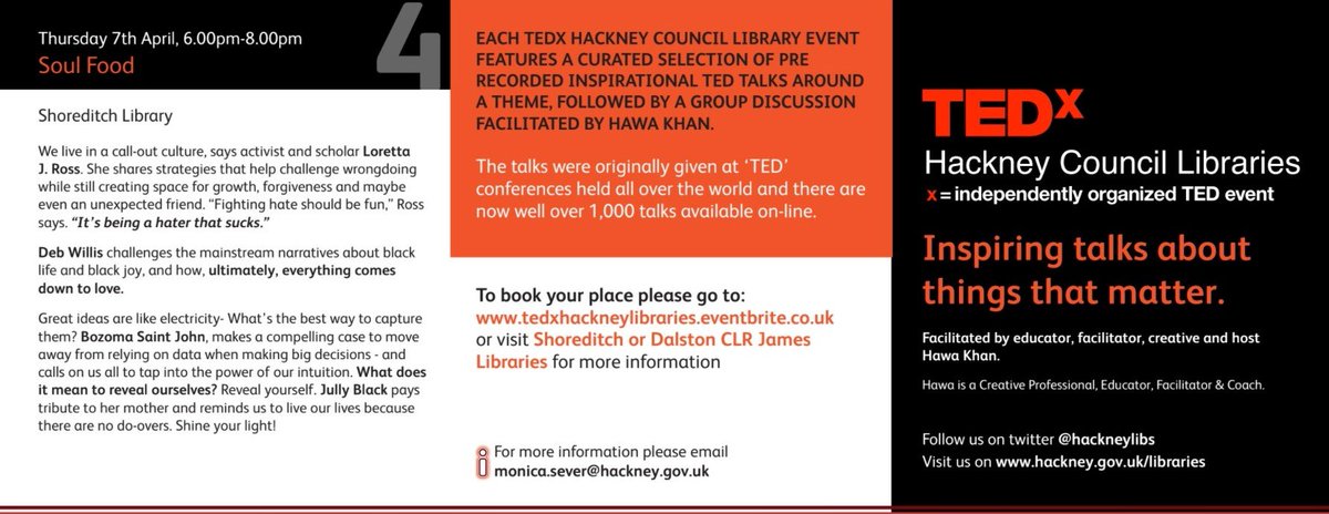 hackneylibs's tweet photo. We're making a change to our exciting #TedX line up at #Hackney Libraries: Soul Food, on the 7th of April, will now be at #Dalston CLR James Library rather than Shoreditch.
Want to join our #TedxHackney discussion? See below for more details - but remember the change of venue! https://t.co/VuwBmrqK81