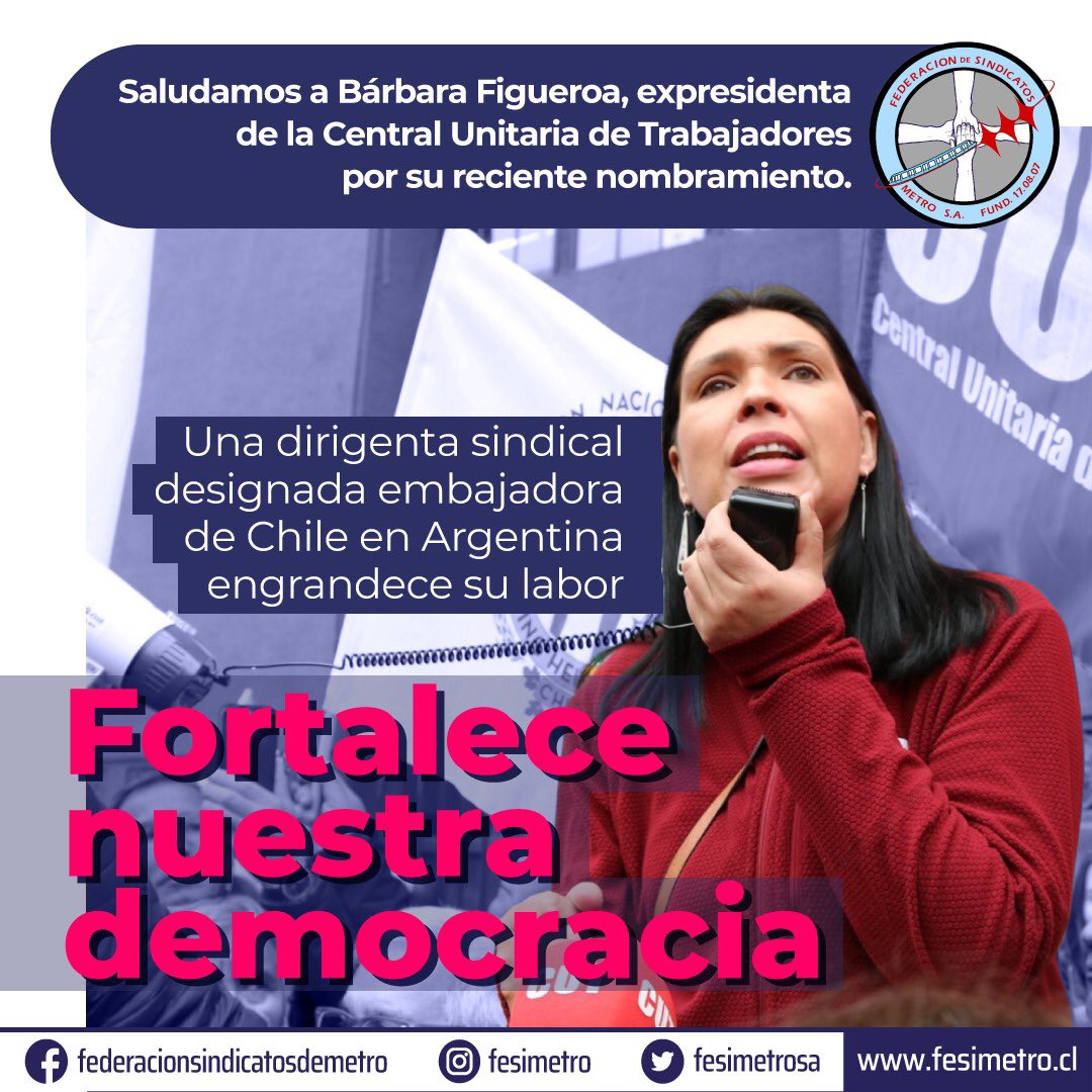 Saludamos a @Barbara_figue por su nombramiento que es una tremenda señal para el mundo sindical, visibiliza la lucha por la defensa de los derechos de l@s trabajador@s, le da un lugar dentro de la institucionalidad, permite instalar nuestras demandas y a quienes las han liderado