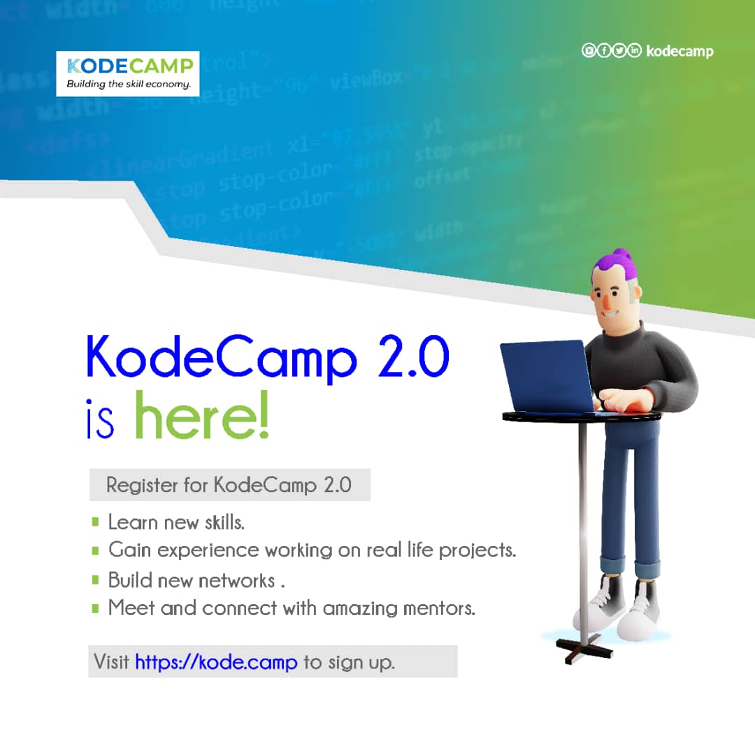 Are you looking to start a career in tech, or you are a beginner looking to advance in your field, Join KodeCamp 2.0 and get trained for free. Visit kode.camp to register. Click on join next cohort and choose the training level and track of your choice. #kodecamp2.0