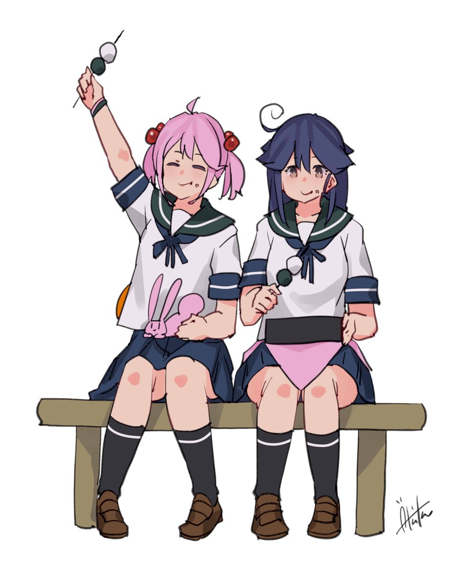 sazanami (kancolle) ,ushio (kancolle) multiple girls 2girls food serafuku school uniform pink hair dango  illustration images