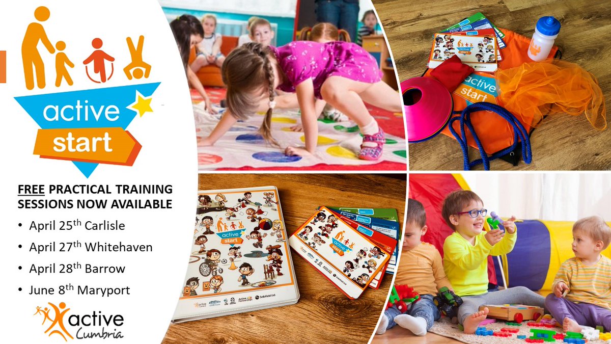 ACTIVE START | EARLY YEARS 
April and June FREE training sessions available to book now:

Carlisle 25th, Whitehaven 27th &amp; Barrow 28th April.  Maryport 8th June.  Free resources too! 

For info and to register bit.ly/35DPr18 or e-mail Kelly.alty@cumbria.gov.uk