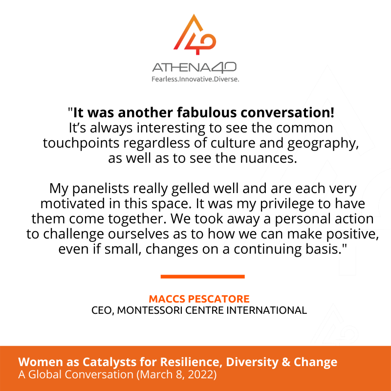 Athena_40's tweet photo. A huge thank you to @Maccs_Pesc for chairing an important discussion during the 4th Athena40 Global Conversation, in partnership with Montessori Centre International (@MontessoriGrp) from London.

#globalconversation2022 #athena40women #breakthebias2022 https://t.co/T8GAQuyBKe
