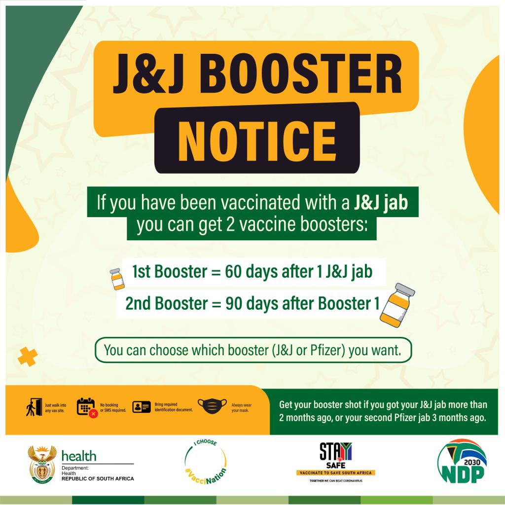 GautengHealth's tweet photo. Did you get a J&amp;J Jab? You can now get two vaccine  booster doses. 1st booster dose 60 days after your 1st Jab. Second booster dose 90 days after your 1st booster dose. For your booster doses you can choose whether you would like to have J&amp;J or Pfizer vaccine #VaccinesSaveLives https://t.co/TsGsI2CZlU