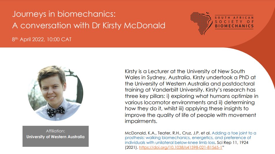 Register for the next SASB Journal Club! 🙋‍♀️ We will be chatting to Dr @KirstyAMcDonald about her journey in #Biomechanics and the 3 pillars of her research on human locomotion 📊🚶8 April @ 10 am CAT 💥

Register: bit.ly/380MMzH
Read the Paper: go.nature.com/3NCJHX4