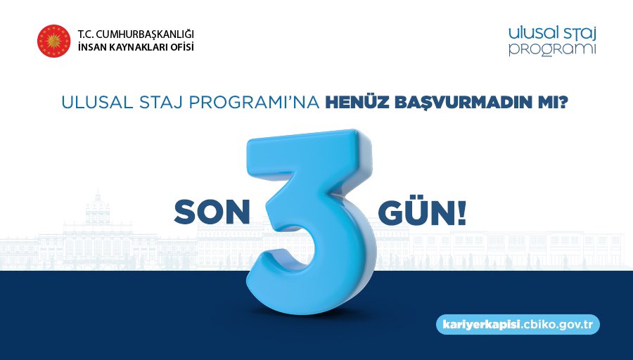 Geri sayım başladı!

#UlusalStajProgramı’na katılmak için son üç gün. Sen de niteliklerine uygun bir alanda staj yapmak istiyorsan, hemen başvurunu yap. #SeninİçinSeferbiriz @tccbiko
