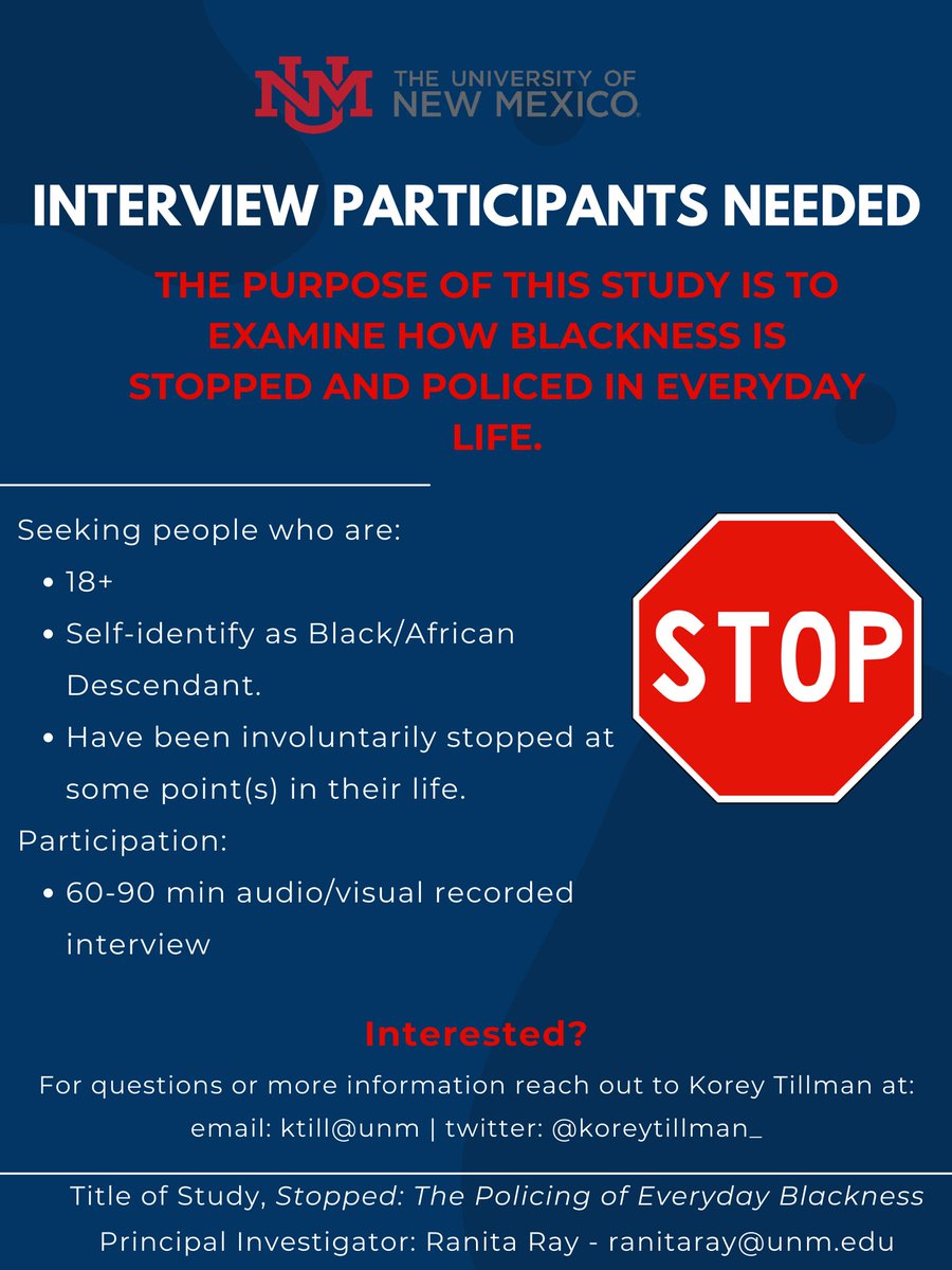 KoreyTillman_'s tweet photo. 📣 interview participants!

Have you ever been stopped? For example, in the grocery store, by airport security, for directions, or by the police? If there has ever been a moment when you have moving through life and stopped in an abrupt way, I am interested in hearing from you. https://t.co/GeXrVueIlY
