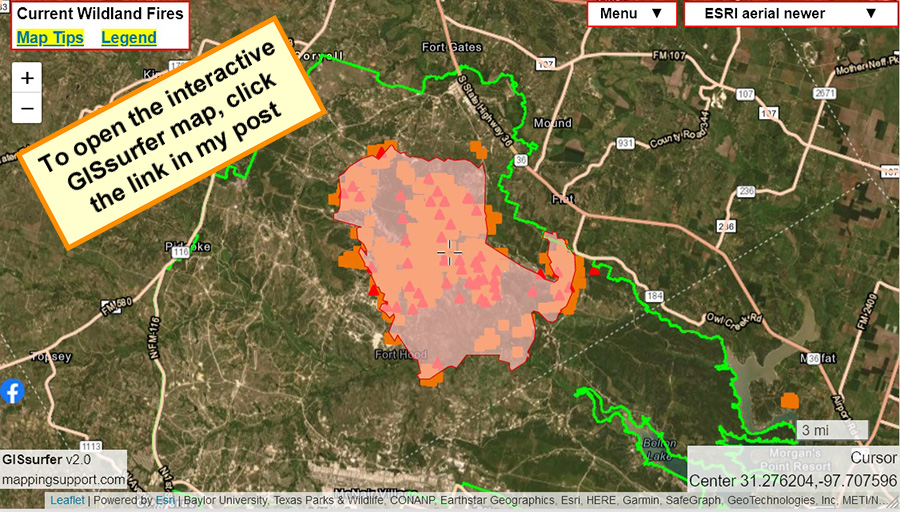 MappingSupport's tweet photo. Monday March 28. Updated perimeter for #CrittenburgComplex fire on Fort Hood military base, Texas. Open map and click inside perimeter to see all the attribute data the GIS server has for the thing that you clicked.
Open #GISsurfer map: https://t.co/zwVd8fK1Mh NoiYC https://t.co/k24zMepJxP