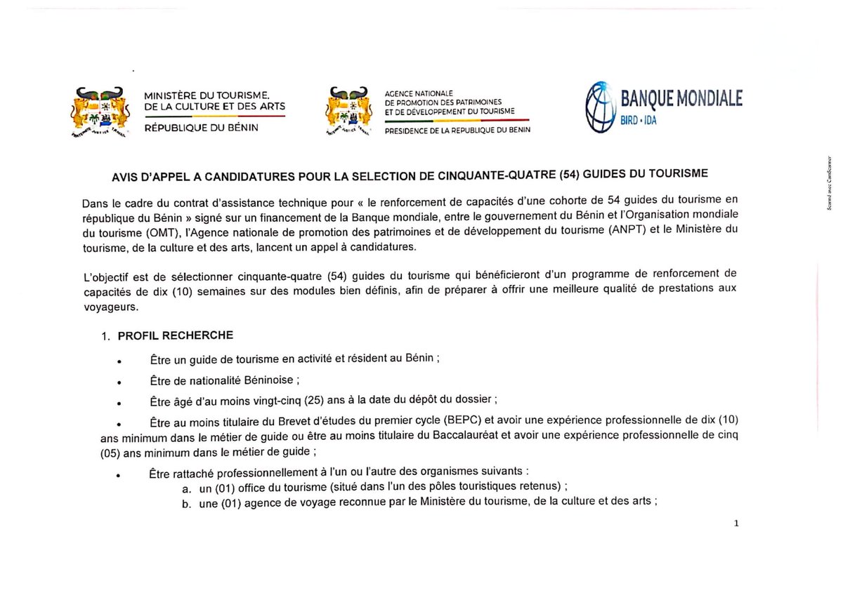 gouvbenin's tweet photo. 🚨 Avis d’appel à candidatures pour la sélection de 54 guides du tourisme pour un programme de renforcement de capacités

🛑 Le dossier de candidature doit être soumis via https://t.co/v7EF3HVx17 avant le 11 avril 2022 à 17H.

Téléchargez l'offre sur => https://t.co/gJWPPwQSow https://t.co/pkLJjT0ZxG