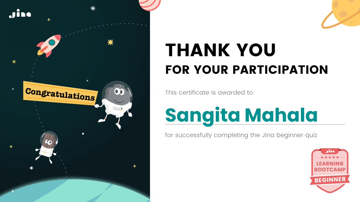 SangitaM28's tweet photo. I have successfully completed Beginner Track of Jina Learning Bootcamp.
Thank you @JinaAI_ for providing this opportunity.
#jinaai #beginnerlevel #learning #opportunity https://t.co/9nPxzLfVbX