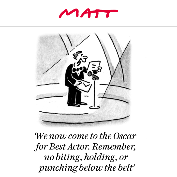 MattCartoonist's tweet photo. My latest cartoon for tomorrow's @Telegraph 

'We now come to the Oscar for Best Actor. Remember, no biting, holding, or punching below the belt'

Subscribe to my weekly newsletter to receive my unseen cartoons: https://t.co/JNDhrYJMFH https://t.co/MVCVxa5D84