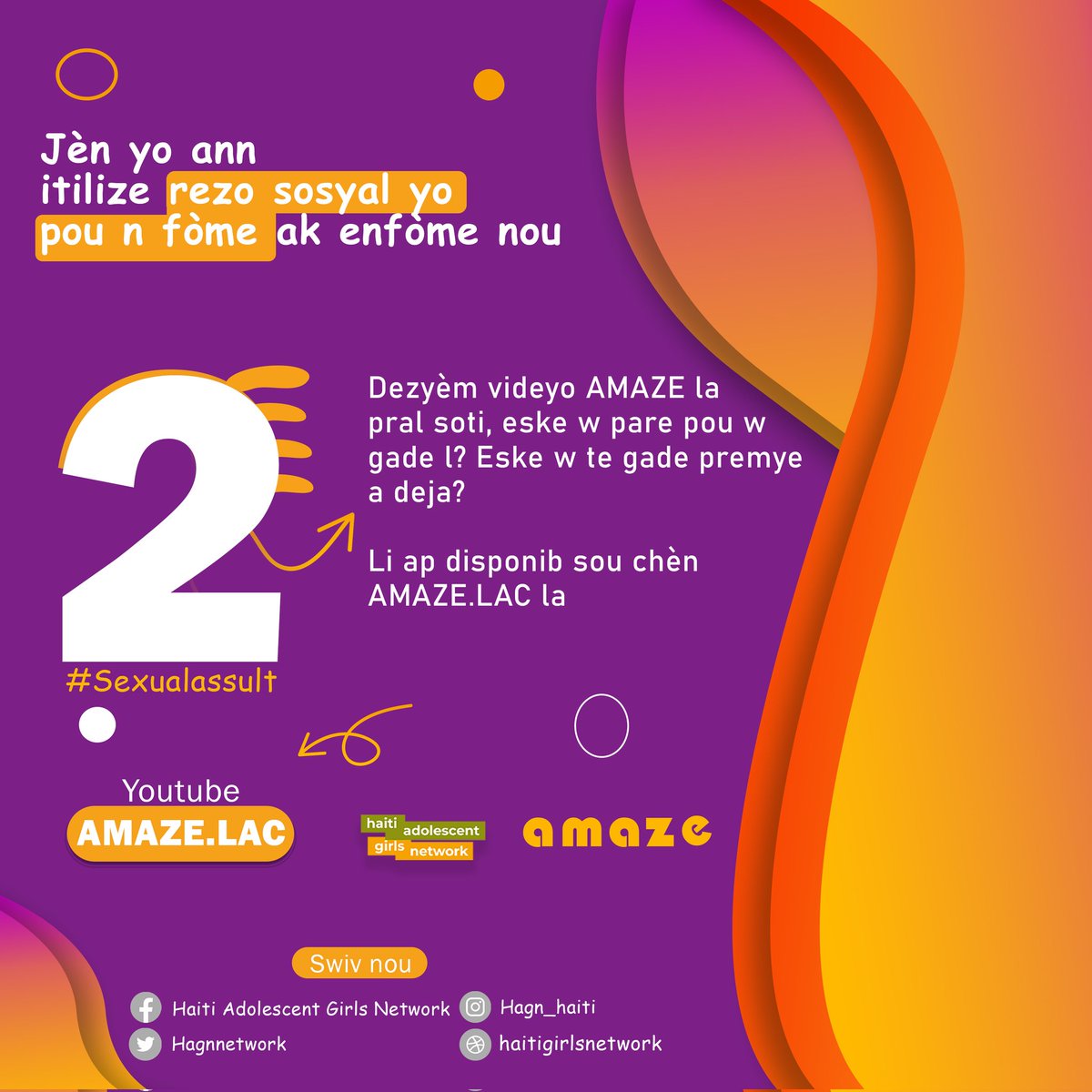 hagnnetwork's tweet photo. Nou remèsye w pou sipò w te bannou nan premye videyo a, dezyèm videyo a pral soti nou swete w toujou akonpanye nou pou travay sa kapab ale pi lwen.
Ann itilize rezo sosyal yo pou n fòme ak enfòme nou!
#PlisenfòmasyonMwensTètChaje
#girlempowermentprogram #womenpower
Amaze LAC https://t.co/bUAyd71IcW