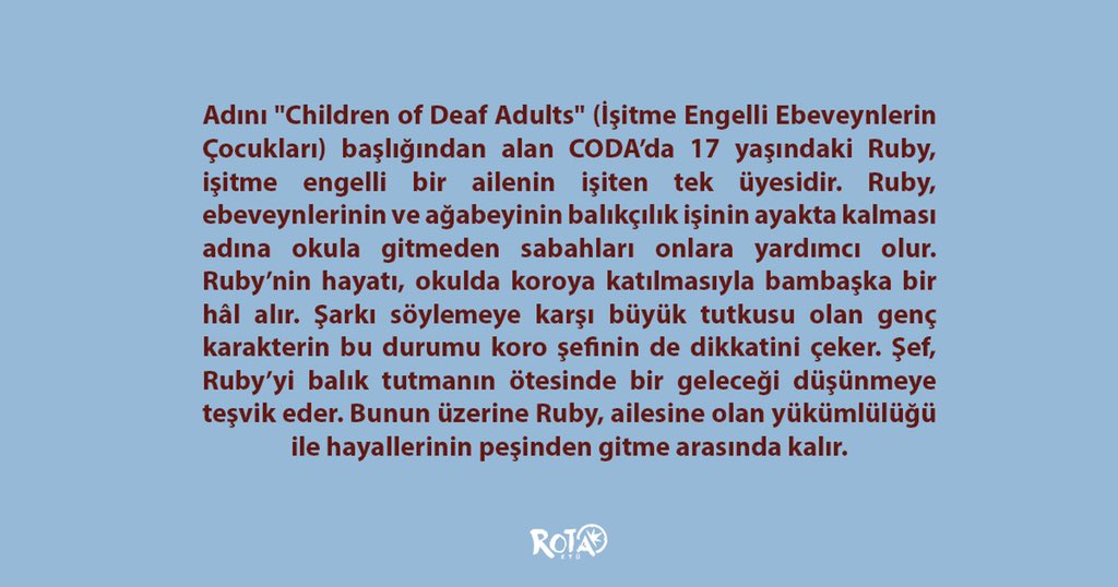 rotaetu's tweet photo. 🎬 CODA, 2021 yapımı dram/komedi filmidir. Yönetmenliğini Sian Heder’ın yaptığı film, En İyi Uyarlama Senaryo dalında BAFTA Ödülü, En İyi Uyarlama Senaryo Akademi Ödülü ve En İyi Uyarlama Senaryo dalında Eleştirmenlerin Seçimi Film Ödülü adaylığı kazanmıştır. https://t.co/aUzb6xDaUu