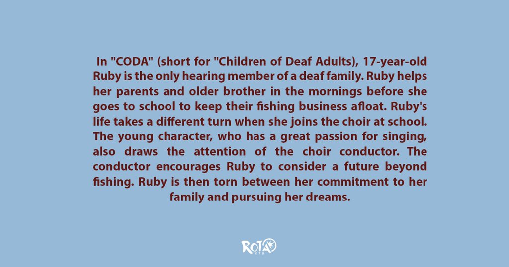 rotaetu's tweet photo. 🎬 CODA, 2021 yapımı dram/komedi filmidir. Yönetmenliğini Sian Heder’ın yaptığı film, En İyi Uyarlama Senaryo dalında BAFTA Ödülü, En İyi Uyarlama Senaryo Akademi Ödülü ve En İyi Uyarlama Senaryo dalında Eleştirmenlerin Seçimi Film Ödülü adaylığı kazanmıştır. https://t.co/aUzb6xDaUu