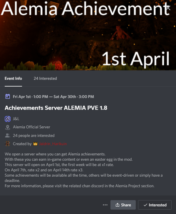 JaldrinH's tweet photo. This 1st of April we are opening an #Alemia PVE server at 13:00 UTC+2 where players will be able to get achievements.
The rules and achievement list can be found on the J&amp;L Discord.
I can't wait to see the tribes compete for the Easter Eggs on the map.
@ZenRowe @survivetheark https://t.co/TjcC4gKk0l