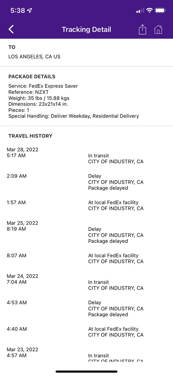 Frozentreesap's tweet photo. @FedExHelp hi, I was supposed to receive my package on 3/21 and it’s been delayed 3 times even though it’s just been SITTING in the same facility since 3/18. I’ve been told it was sorted to the wrong location, but it still hasn’t been fixed. Please advise. https://t.co/jt7U3uunrE