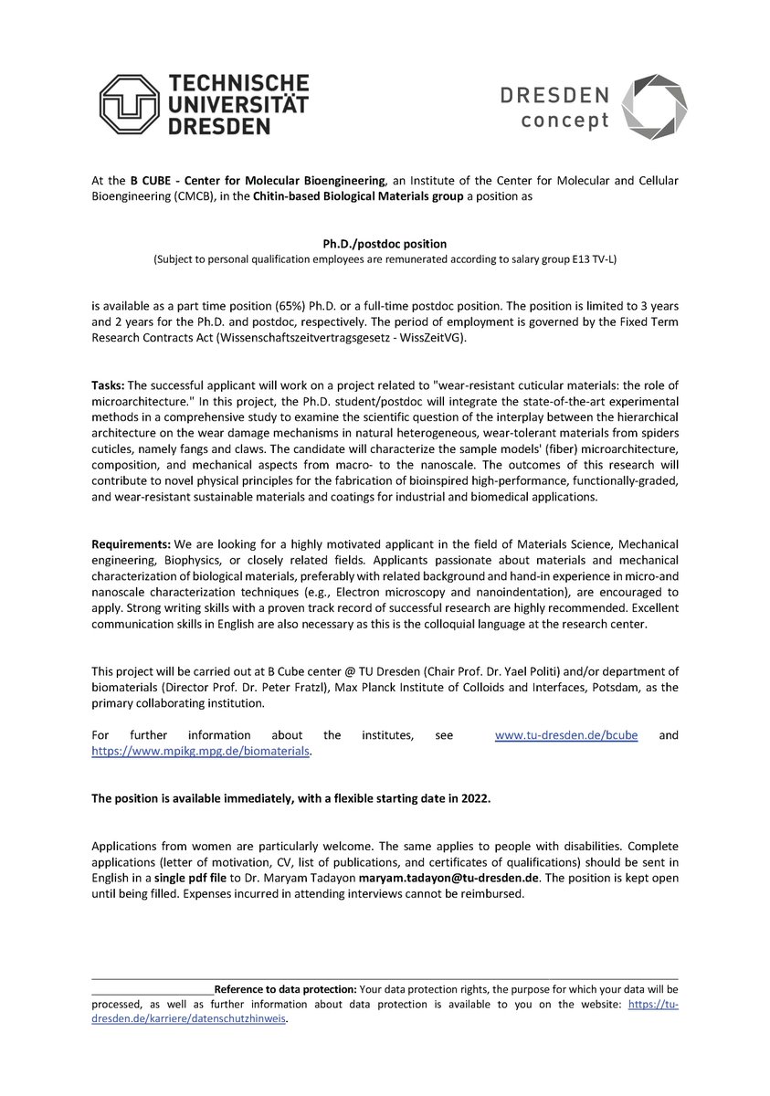 Maryam Tadayon (@maryamtadayon) on Twitter photo OPEN POSITION available immediately as a #PhDposition or #postdoc at <a href="/BCUBE_TUDresden/">B CUBE - Center for Molecular Bioengineering</a> and @BM_MPICI.
Project on multiscale mechanical and hierarchical structure characterization of wear-resistant cuticular materials.
Please RT OPEN POSITION available immediately as a #PhDposition or #postdoc at <a href="/BCUBE_TUDresden/">B CUBE - Center for Molecular Bioengineering</a> and @BM_MPICI.
Project on multiscale mechanical and hierarchical structure characterization of wear-resistant cuticular materials.
Please RT