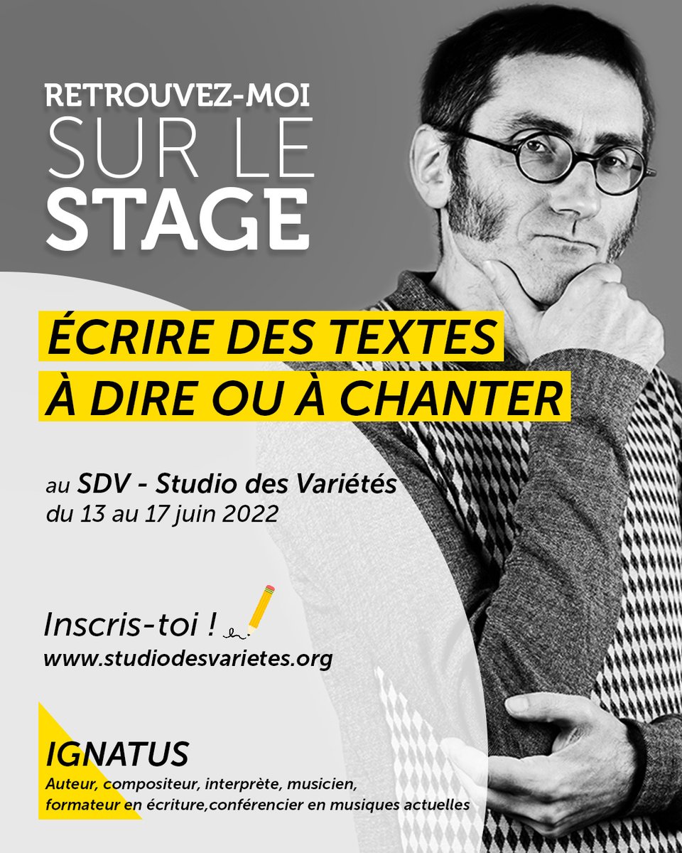 Ignatub's tweet photo. Prochain stage au @studiodvarietes "Écrire des textes à dire ou à chanter" du 13 au 17 juin.
#atelierdecriture #ecriturechanson #stageecriture #ignatus https://t.co/DKw7Z9hMk9