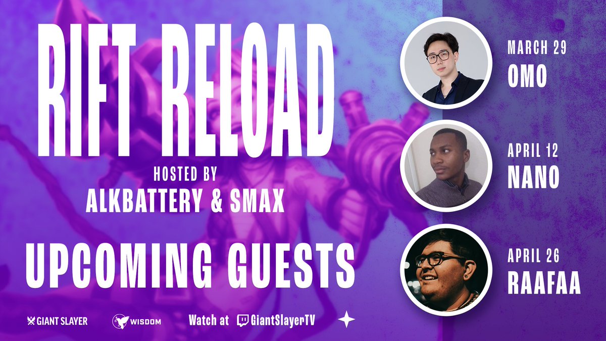 GiantSlayerWR's tweet photo. We've got a Rift Reload guest forecast that's full of bright talent ahead to join @AlkBattery and @SmaxHeid! โ๏ธ
We're starting with WCS caster @OMO2_2 on March 29, followed by @Cloud9 coach @Nanovous, and then #WNS caster @RaafaaCasts will join us on April 26.
#RiftReload https://t.co/tKlF9EFO3i