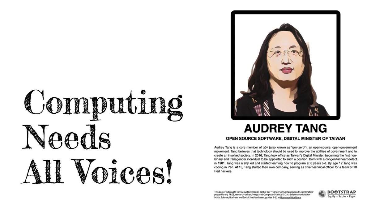 Bootstrapworld's tweet photo. Happy Birthday to Audrey Tang, one of the Pioneers featured in our Computing Needs all Voices lesson! https://t.co/M66KOfDgep
#RoleModelsinCS #WomeninSTEM #LGBTQinSTEM #LGBTtech #ComputingNeedsAllVoices @audreyt #integratedCS https://t.co/i2Uw9Xvee6