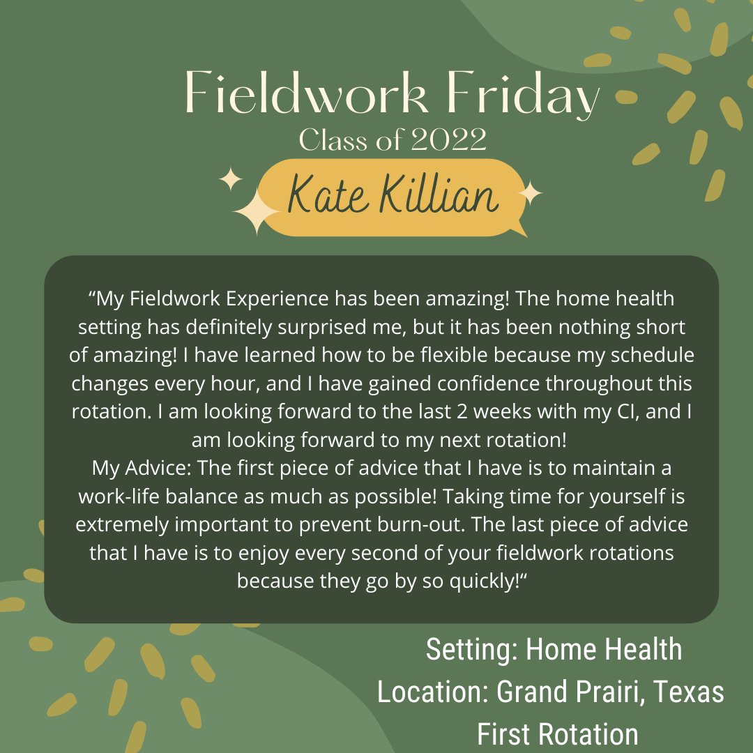 Here is the third installment of our #FieldworkFridays from the Class of 2022. What an amazing way to start off #OTMonth! Sic'em Bears! 💛💚

#BaylorOTD #BU22 #SicEmOTD #FieldWorkFridays #OTMonth #AOTA #BaylorUniversity #EntryLevel #OTD