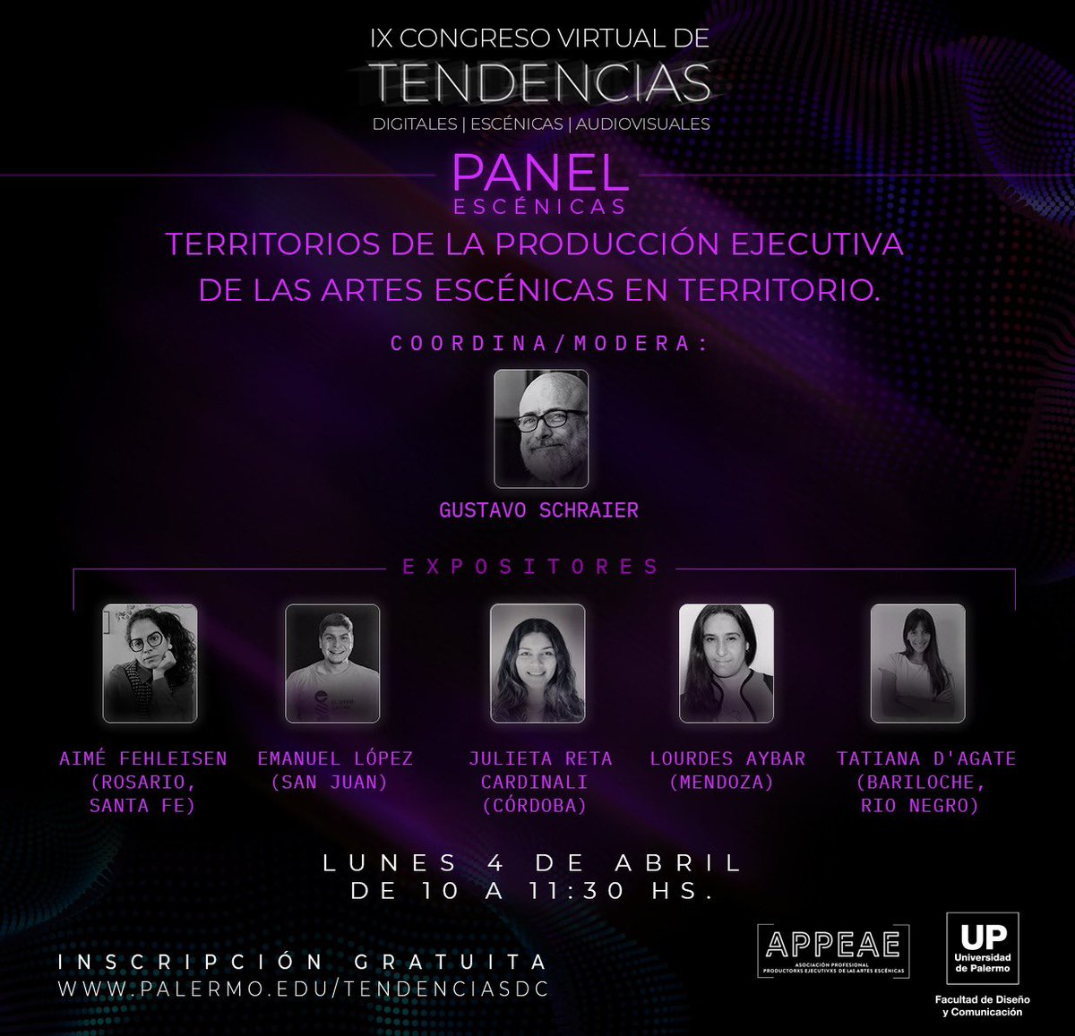 IX CONGRESO VIRTUAL DE TENDENCIAS DIGITALES | ESCÉNICAS | AUDIOVISUALES DE LA UP- Universidad de Palermo.
Territorios de la producción ejecutiva de las artes escénicas en territorio.

Coordina/Modera: 
Gustavo Schraier <a href="/gustavoschraier/">Gustavo Schraier</a> 

palermo.edu/dyc/tendencias…

<a href="/udepalermo/">Universidad de Palermo</a>