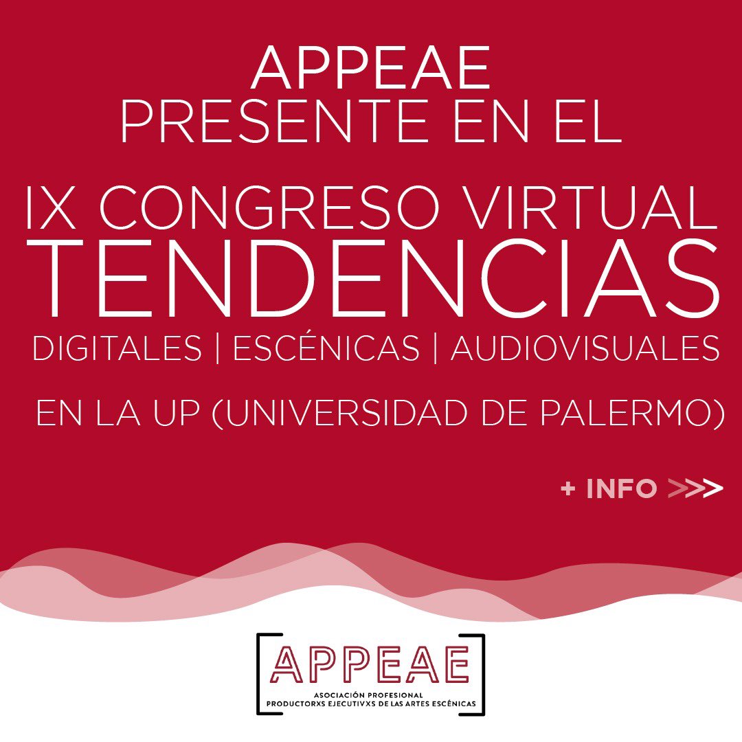 appeae_ar's tweet photo. IX CONGRESO VIRTUAL DE TENDENCIAS DIGITALES | ESCÉNICAS | AUDIOVISUALES DE LA UP- Universidad de Palermo.
Territorios de la producción ejecutiva de las artes escénicas en territorio.

Coordina/Modera: 
Gustavo Schraier @gustavoschraier 

https://t.co/EfzcF0y81B

@udepalermo https://t.co/QBWmel7CCm
