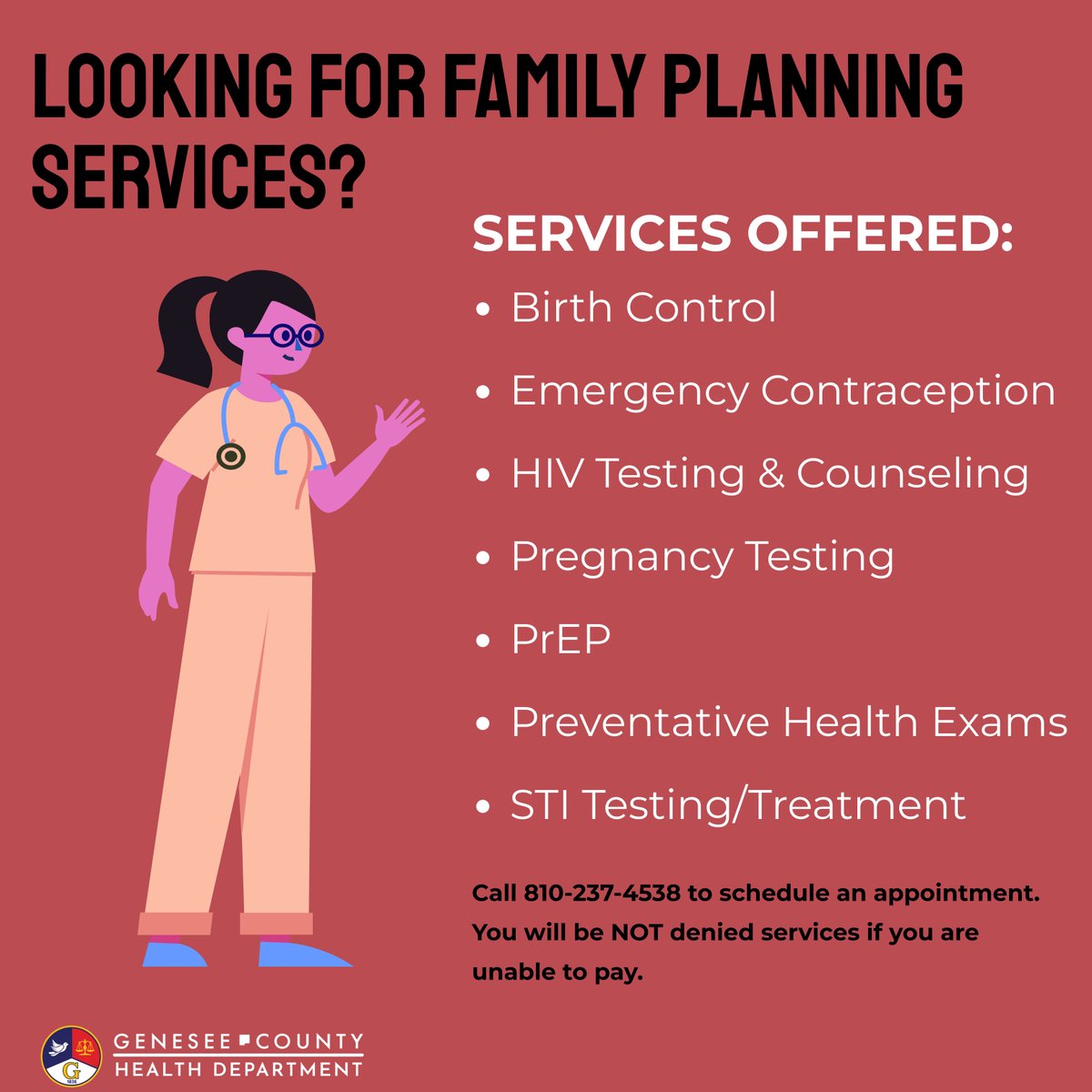 GCHD has everything for your family planning needs! We have a variety of birth control options from long term methods such as IUDs to daily methods such as the pill! Call 810-237-4538 to schedule an appointment to discuss which family planning method is right for you!