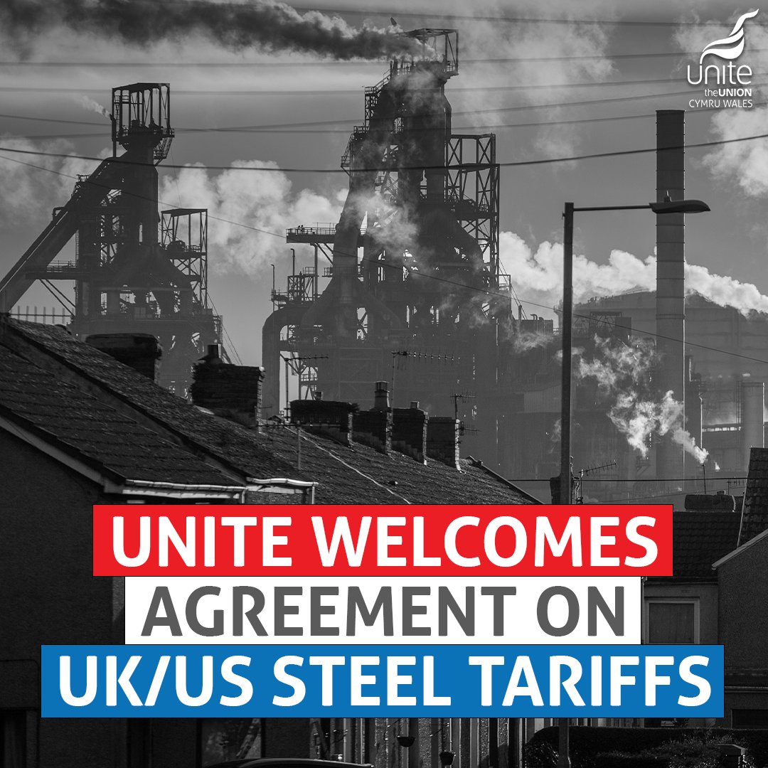 UniteWales's tweet photo. We welcome today's news that a deal has been reached between the UK &amp; US governments on the partial lifting of tariffs on British steel destined for the American market.

More must be done to secure a stable &amp; sustainable future for the UK Steel Industry.

https://t.co/m1gKzPnmQ2 https://t.co/MWE0e3cHxo