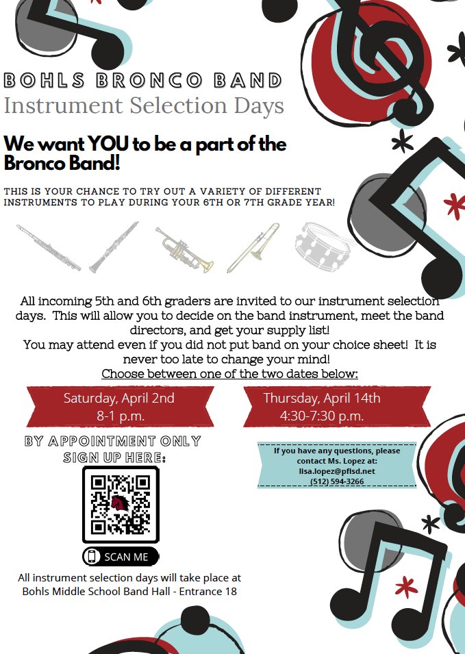 Fifth- and sixth-grade students interested in joining the Bohls Bronco Band are invited to our Instrument Selection Days on April 2 and 14. Sign up here: 
signupgenius.com/go/10c0445a4ae…