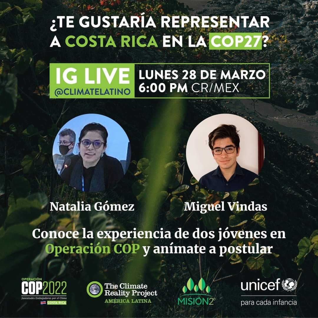 UNICEFCostaRica's tweet photo. Acompañanos hoy en nuestro Instagram, a escuchar la experiencia de Natalia y Miguel en Operación COP y su viaje con la delegación de Costa Rica en la COP26.
Postulate y sé parte de Operación COP 👉 https://t.co/Pd7kutut8j
#OperacionCOP @nataliagom_ @GreenWitch_mig https://t.co/jTj5HFNpQd