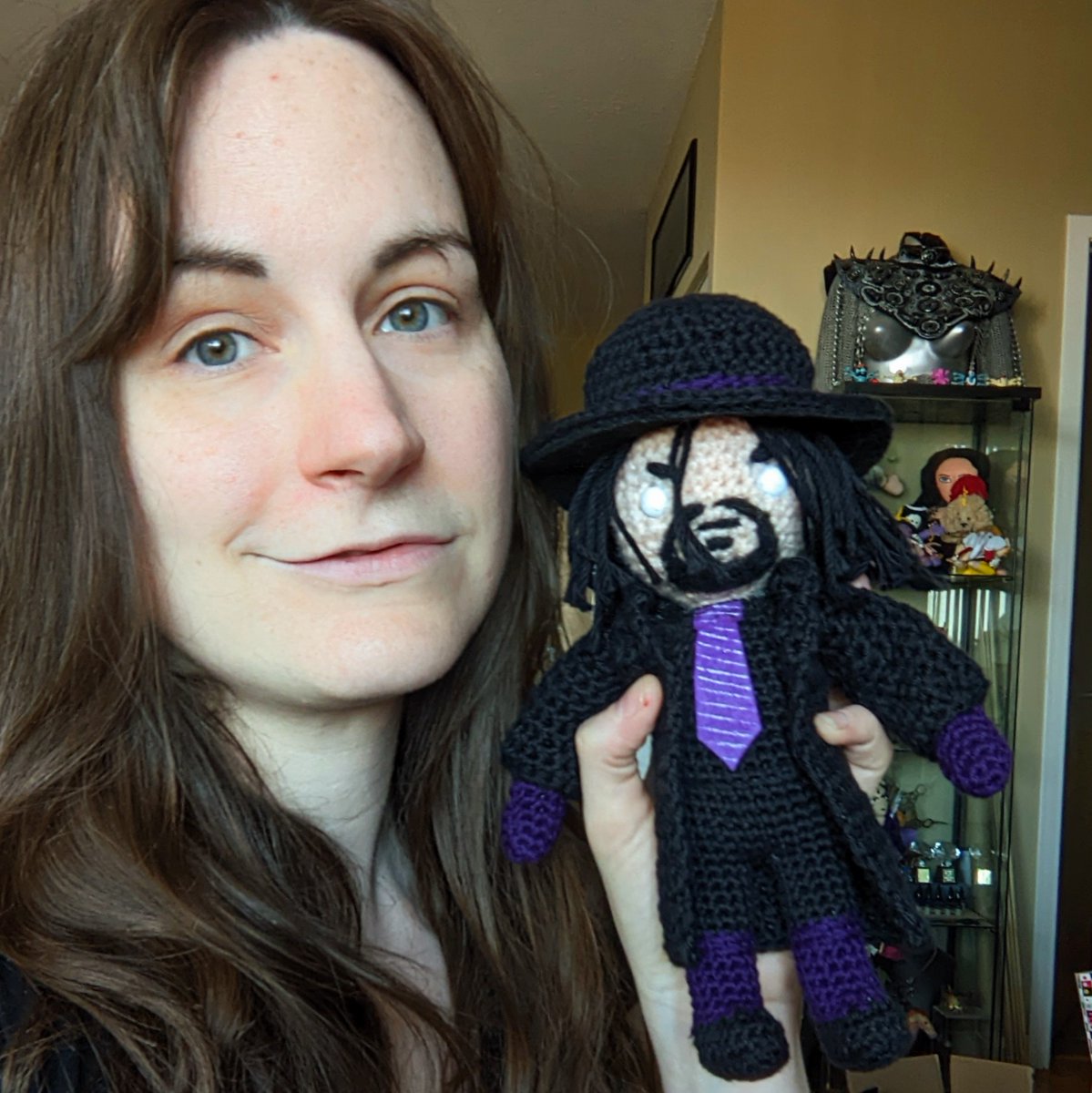 KaliButterfly's tweet photo. I got my #Undetaker crochet from @blissardz! It's perfect! And now I can answer the age old question of who would win in a fight, The Undertaker or Mothman. #wwe https://t.co/Uf83Z94JOC