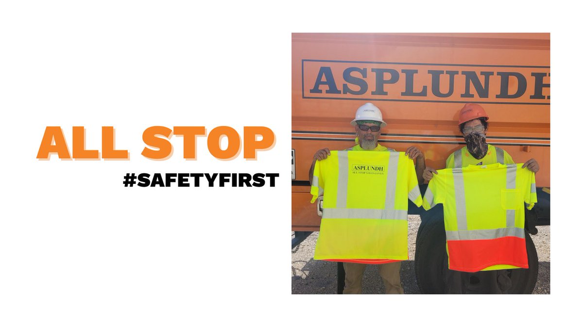 Asplundh_Tree's tweet photo. Foreperson Jacob Nester (L) and Trimmer Timothy Pesina (R) from Dave Robinson’s Region were awarded new Class III shirts for calling an #AllStop on a windy day when the wires were getting close to the boom. Thank you for recognizing an unsafe situation and putting #SafetyFirst! https://t.co/HKtiC4HneH