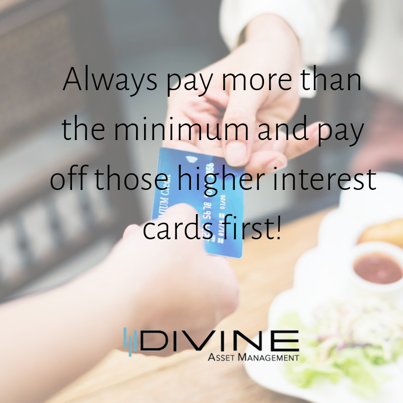 Getting out of debt is part of any sound financial plan. We can pay down debt AND save for retirement. When possible pay more than the minimums on your cards to avoid endless amounts of interest! #Divine #Empiring #DebtPaydown