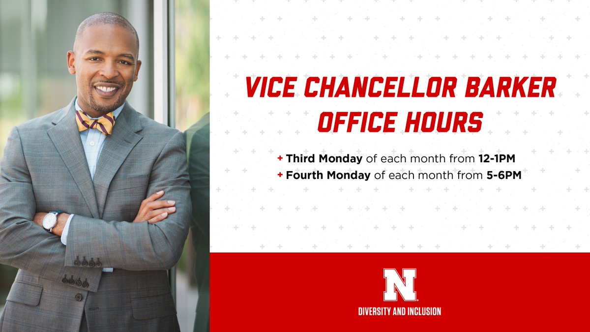 UNL_ODI's tweet photo. All are welcome! Join @DrMarcoBarker today Monday, March 28, during his virtual office hours. Visit https://t.co/NmuoTJAs8d between 5-6PM. #diversity #AllAreWelcome #InclusiveNE #NebraskaTogether https://t.co/gMTdXapG0r