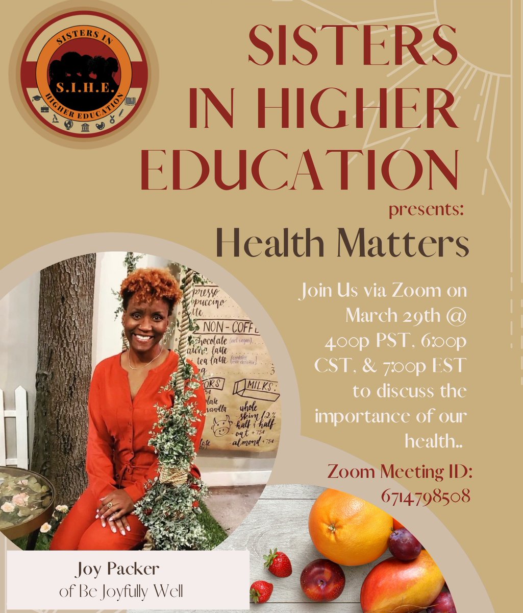 SIHE2020's tweet photo. We are excited to announce our SIHETIPS Zoom Event with Joy Packer from Be Joyfully Well on March 29th at 4:00p PST, 6:00p CST, and 7:00p EST over The Importance of Health! We have our Zoom ID listed in the flyer as well. Don’t miss this event! 🏁🏃#SIHE2022 https://t.co/q8zscaLV1K