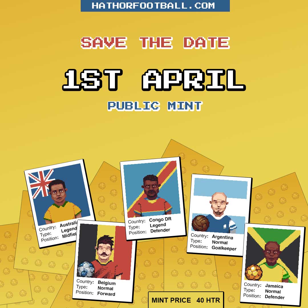 🔥⚠️ PUBLIC MINT - SAVE THE DATE ⚠️🔥

We can officially announce public mint on <a href="/PhysisOne/">Physis One</a> : 

🗓 1st APRIL (it's not a joke!)

⚽️Retweet/Share the football joy!!

$HTR #HTR #NFT #NFTs <a href="/TreeMen_NFT/">Tree Men</a> <a href="/HathorStreets/">Hathor Streets</a> #NileSwap #HathorMarket <a href="/HathorNetwork/">Hathor Network</a>
