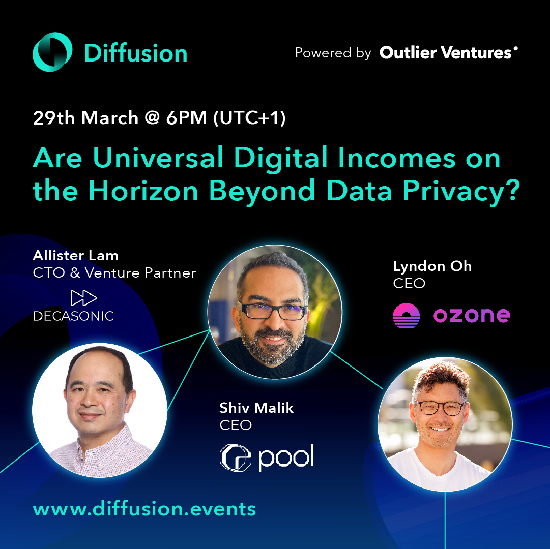 Decasonic ⏩ (@decasonic) on Twitter photo ⏰Tomorrow at Noon Central–don’t miss <a href="/allleycat/">Allister Lam</a> discussing data in #web3 on a panel hosted by <a href="/OVioHQ/">Outlier Ventures</a>. You’ll also hear from industry experts <a href="/shivmalik/">Shiv Malik</a>, CEO of <a href="/poolfoundation/">Pool (now @pooldata)</a> and @LyndonJOh1, Founder and CEO of <a href="/TryOzone/">Ozone.AI</a>.
Save your spot: live.diffusion.events ⏰Tomorrow at Noon Central–don’t miss <a href="/allleycat/">Allister Lam</a> discussing data in #web3 on a panel hosted by <a href="/OVioHQ/">Outlier Ventures</a>. You’ll also hear from industry experts <a href="/shivmalik/">Shiv Malik</a>, CEO of <a href="/poolfoundation/">Pool (now @pooldata)</a> and @LyndonJOh1, Founder and CEO of <a href="/TryOzone/">Ozone.AI</a>.
Save your spot: live.diffusion.events