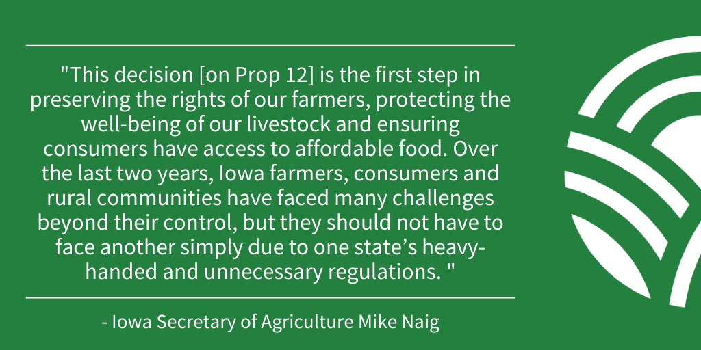 IADeptAg's tweet photo. The U.S. Supreme Court today announced their decision to consider the constitutionality of California's Proposition 12. California politicians and activists cannot regulate activities outside of their borders, let alone Iowa farmers. https://t.co/tEr1DHgtGo https://t.co/abeJngcHAN