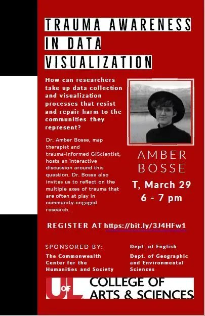 #MappyMonday folks! Join @UofLGeo virtually tomorrow at 6PM to hear from @mapbosse (Amber J. Bosse, PhD) in her talk, 'Trauma Awareness in Data Visualization.' We can't wait to learn more about #mappingwithlove! Register at the link here: buff.ly/37WmAX5