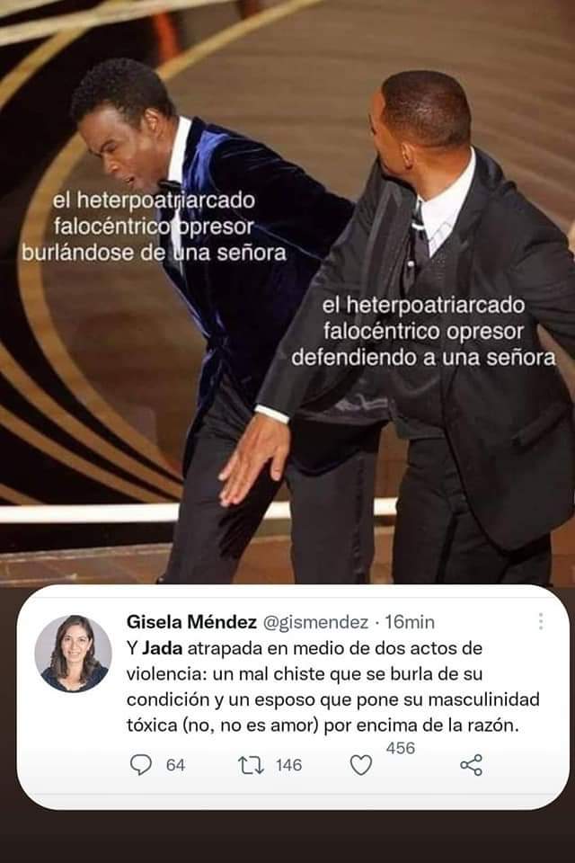 Imperium_peru's tweet photo. El feminismo ha salido a atacar a ambos varones: a Chris Rock por burlarse de la alopecia de Jada, y a Will Smith por defender el honor de su esposa.

Y es que para las feministas toda acción del hombre está mal. ¿Será por ello que promueven la homosexualidad? https://t.co/7YGzLL3QfZ