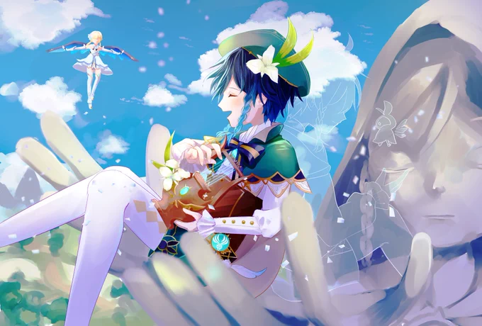 #原神 #ウェンティ 「ボクが話す物語は」※制作過程はリプ欄にて間違いを発見してしまったので上げ直します先程のツイにいいねrtリプくださった方申し訳ありません… 
