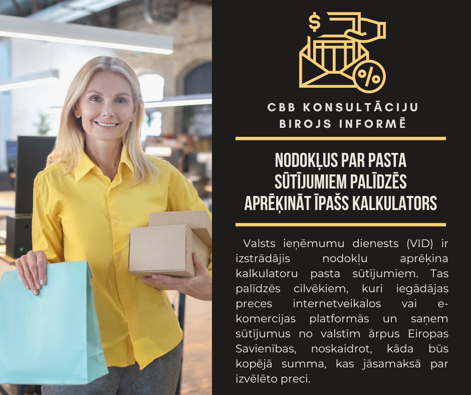 Izvēloties kādu preci trešo valstu interneta veikalā, iedzīvotāji pirms pirkuma veikšanas ar nodokļu aprēķina kalkulatora palīdzību var uzzināt, kādi nodokļi un cik liela to kopējā summa būs jāmaksā, saņemot šo pirkumu.

itvs.vid.gov.lv/#postTaxCalcul…;