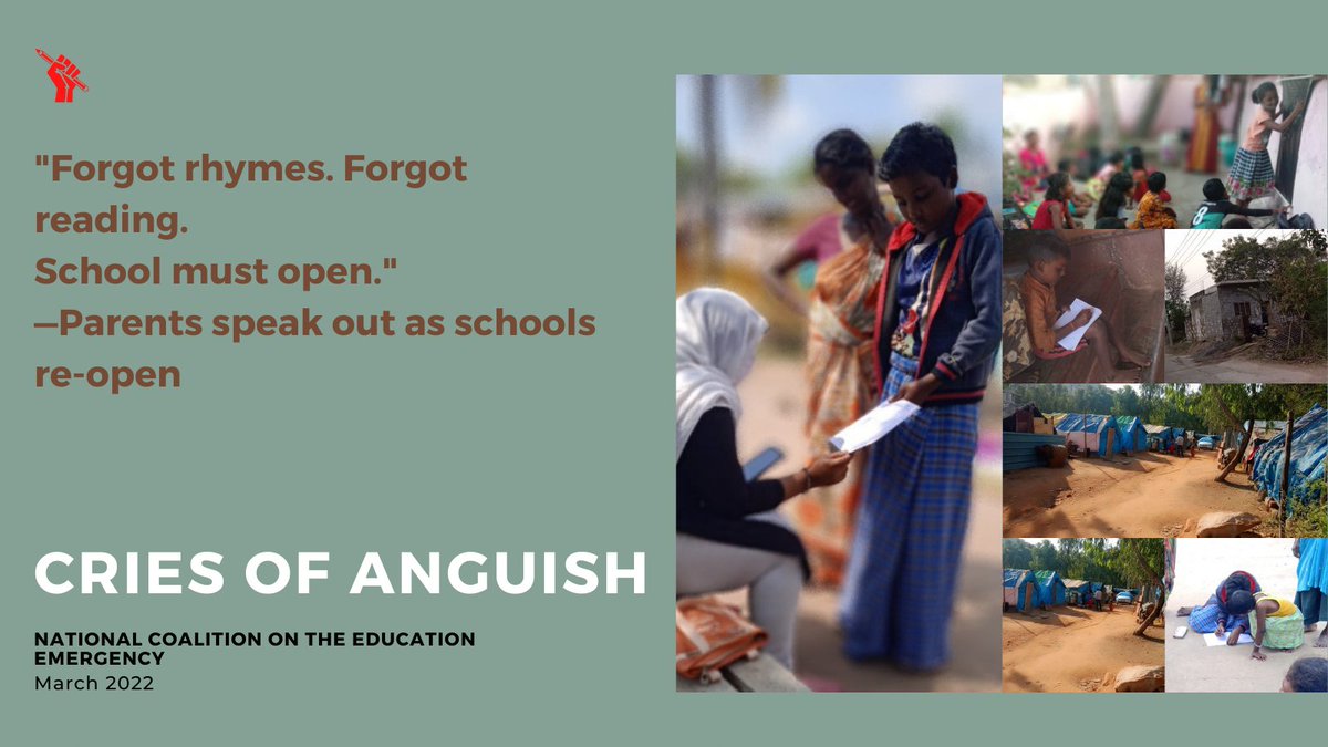 #Launching 'Cries of Anguish', our report from a rapid survey conducted in three states. 
Our key finding?
Poor parents are disraught about the future of their children &amp; fully conscious of the toll that prolonged school closure has had on their growth.
🔗tinyurl.com/nh9t6mzy