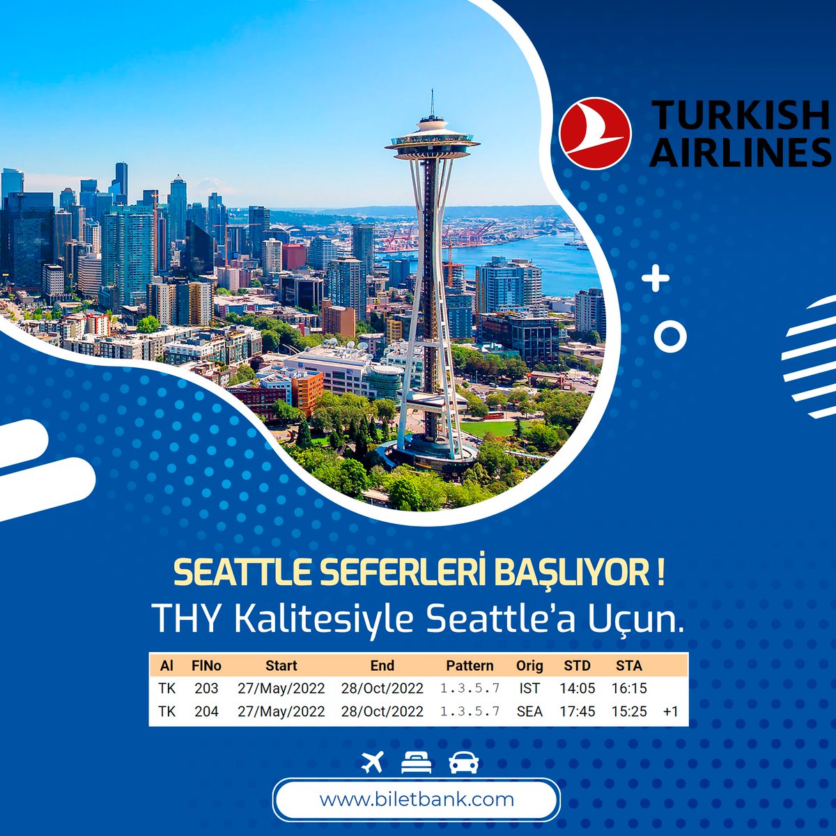THY kalitesiyle Seattle'a uçun ! 27 Mayıs 2022 itibariyle İstanbul - Seattle seferleri haftanın dört günü gerçekleşecektir. Uçuşlar sisteme yüklenmiştir. #biletbank #türkhavayolları #seattle #thy