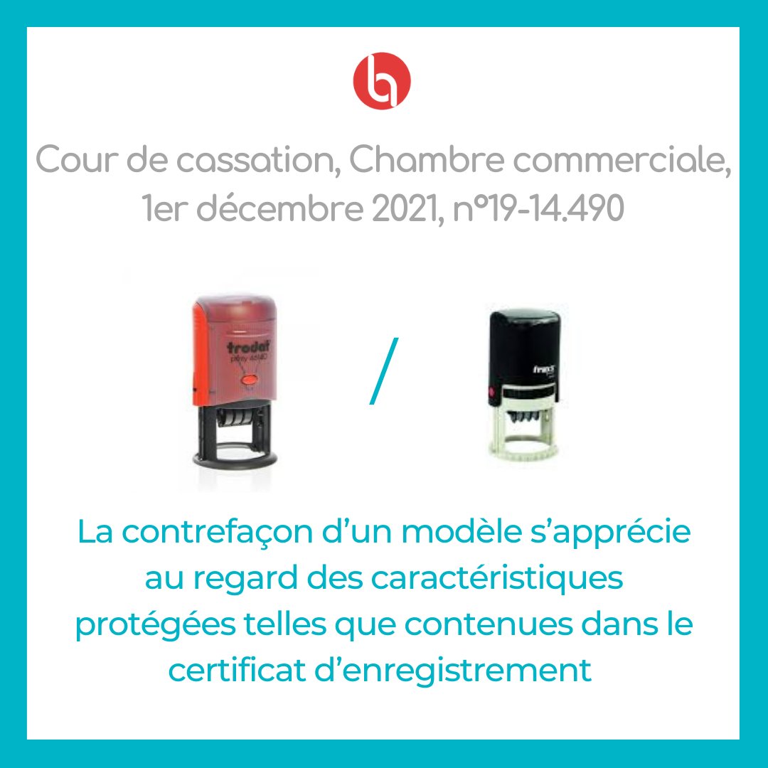 Cour de cassation, ch. commerciale, 1er décembre 2021, n°19-14.490 :  l’appréciation de la contrefaçon d'un dessin/modèle s’apprécie uniquement à la lumière du titre enregistré et non du produit tel que commercialisé