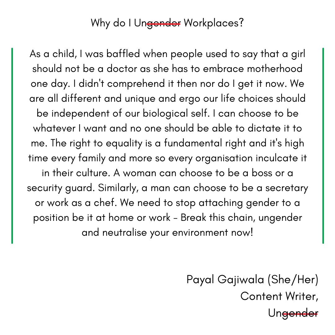 ungender_in's tweet photo. Know it from @PayalGajiwala, Content Writer at Ungender, why she Ungenders workplaces.

To Ungender your #workplace and build #Inclusion for your team, visit https://t.co/iswQKhq76L and leave your details or DM us; we will get back to you.

#letsungender https://t.co/heEIqiB3SN